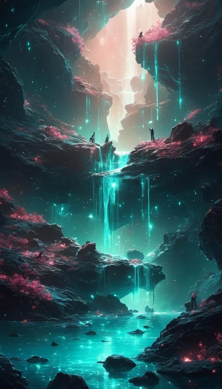 Bioluminescent Waterfall Scene with Dark Rocks