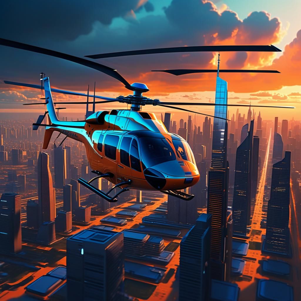 Futuristic Helicopter Flies Over Neon Cityscape