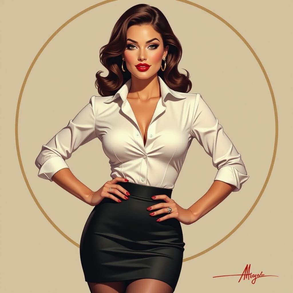Curvaceous Woman in Fitted Blouse and Pencil Skirt
