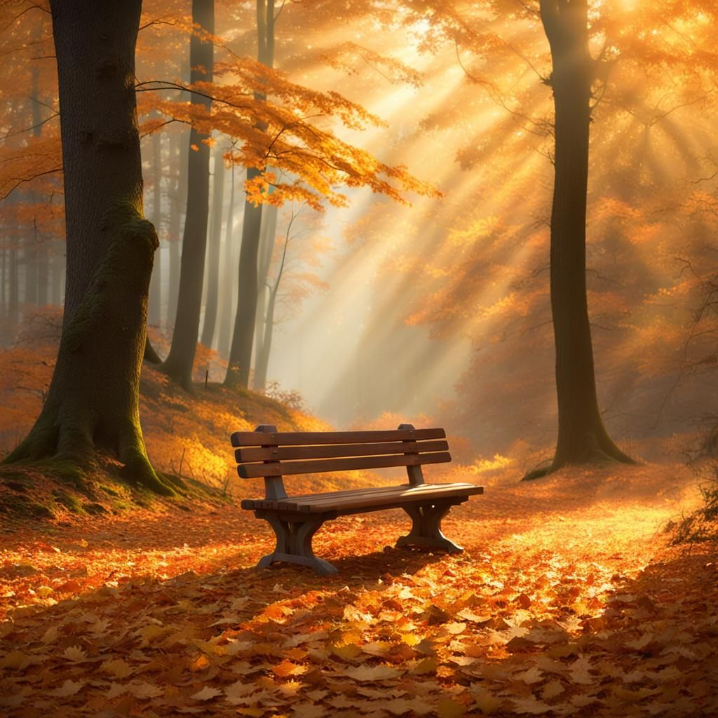 Misty Autumn Forest Bench in Impressionist Style