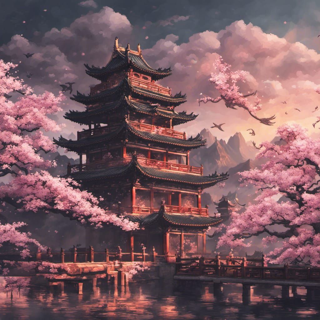 Pixel Art Tai Chi Scene with Dragons and Blossoms