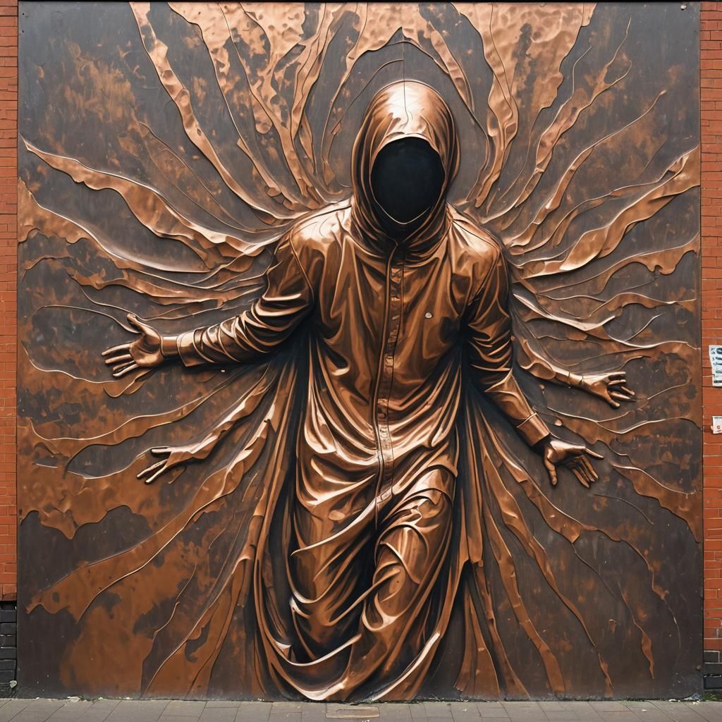 Copper Street Art Mural of Figure Emerging
