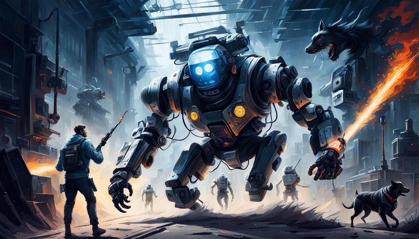 Robot escaping running from laboratory, futuristic weapon on...