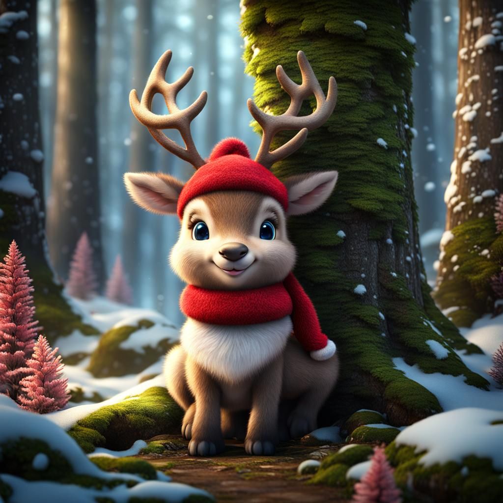 Adorable Fluffy Reindeer with Santa Hat, Digital Art