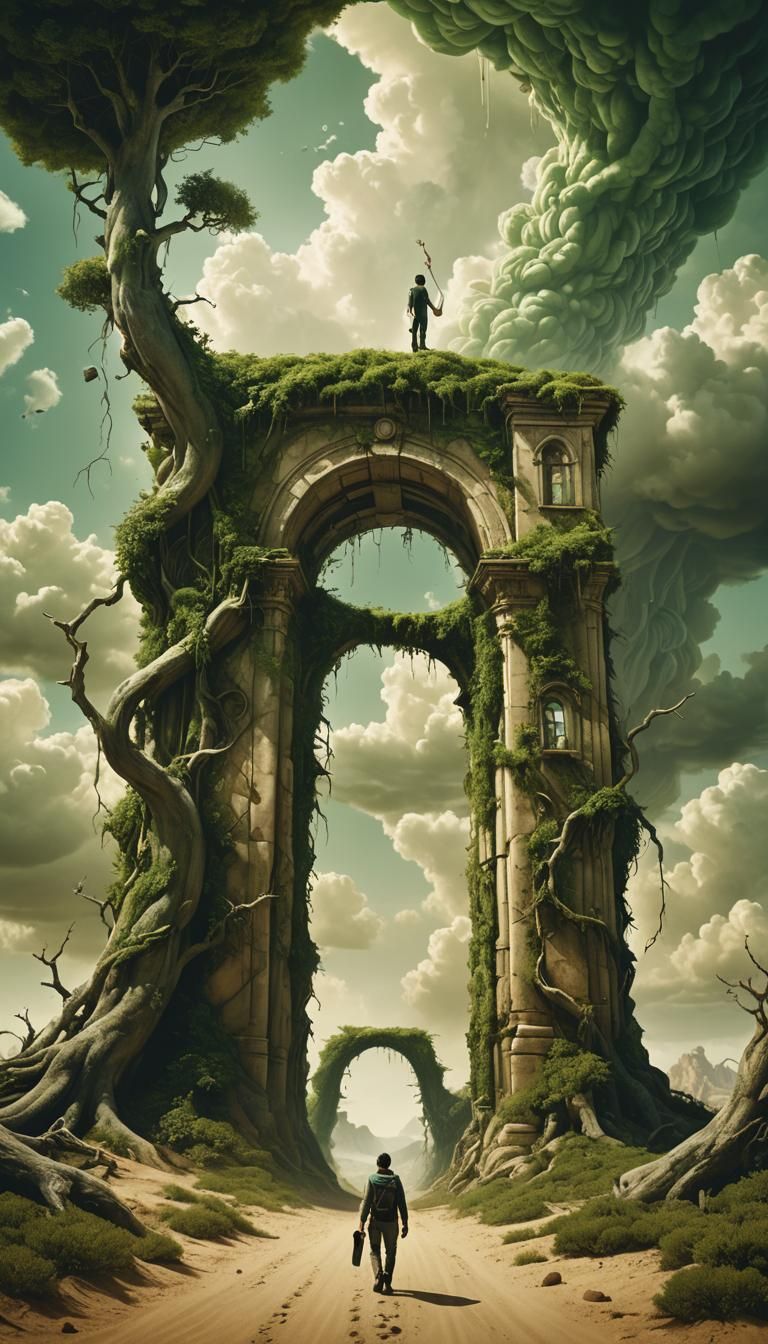 Desert Portal to Enchanted Forest, Hyperrealistic Surrealism