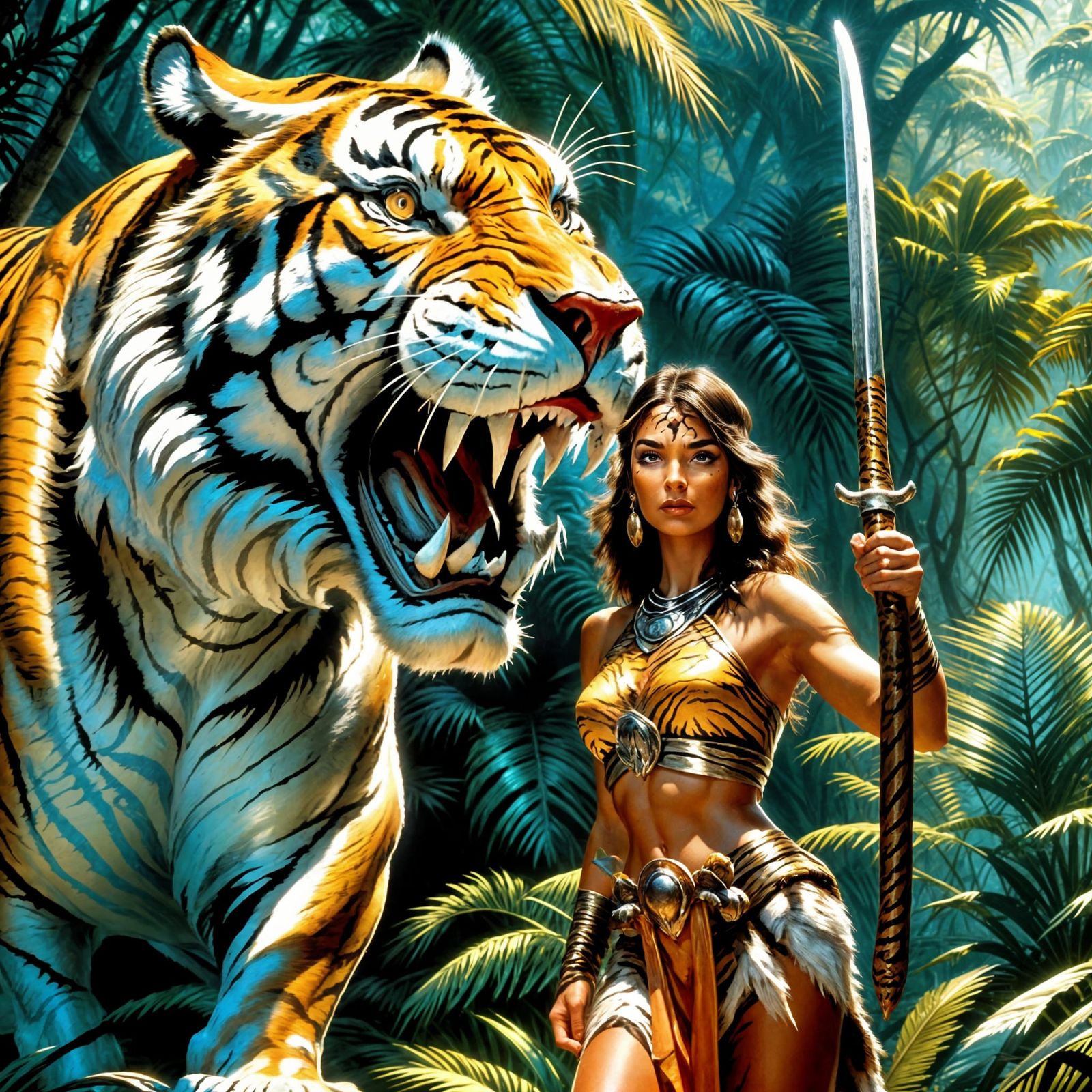 Prehistoric Woman with Sabre-Tooth Tiger in Fantasy Landscap...