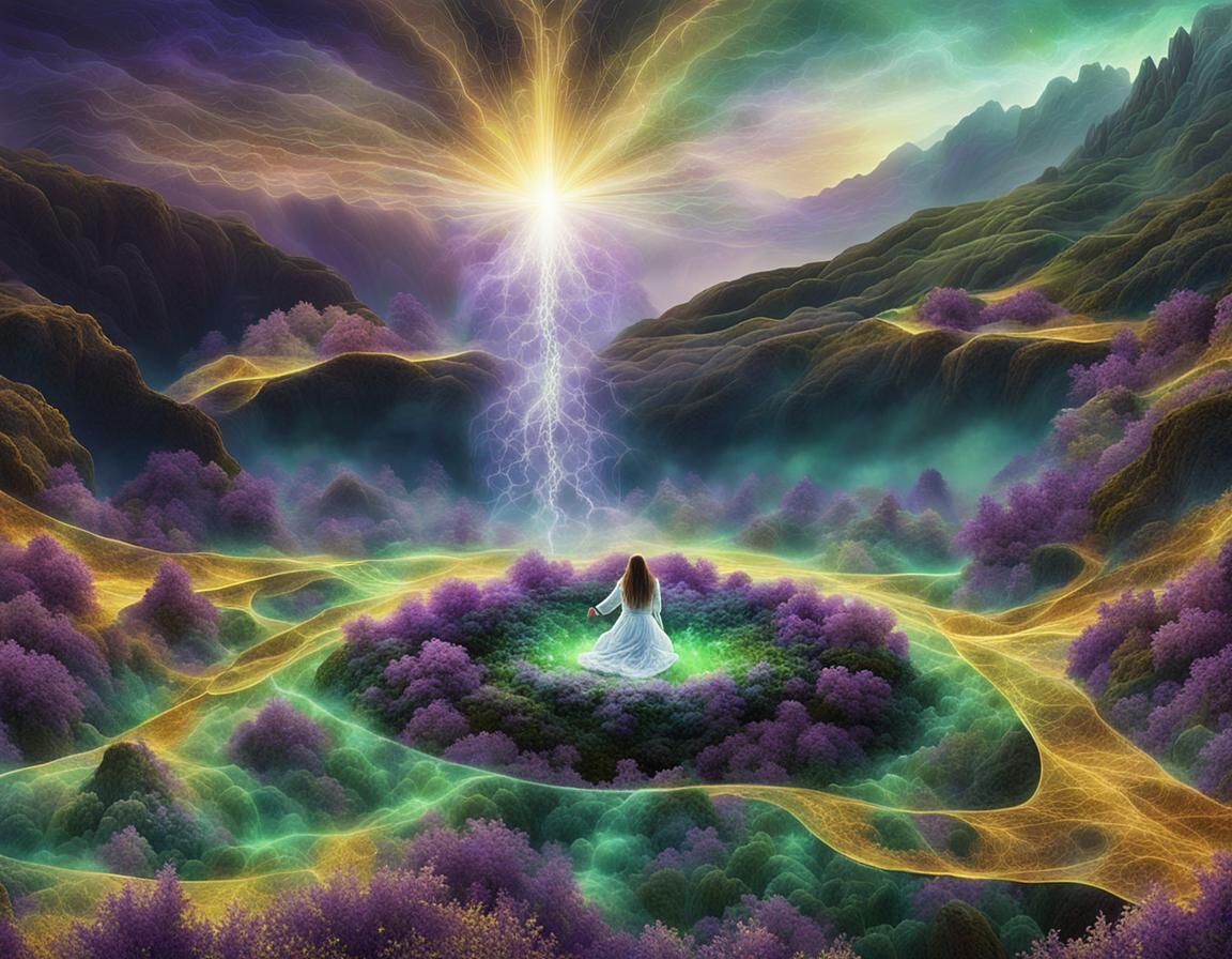 Mystical Woman Gazing into Fractal Universe Portal