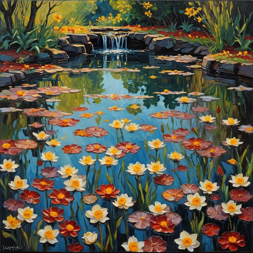 Neo-Impressionist Fountain Reflects Crimson Sunset in Oil