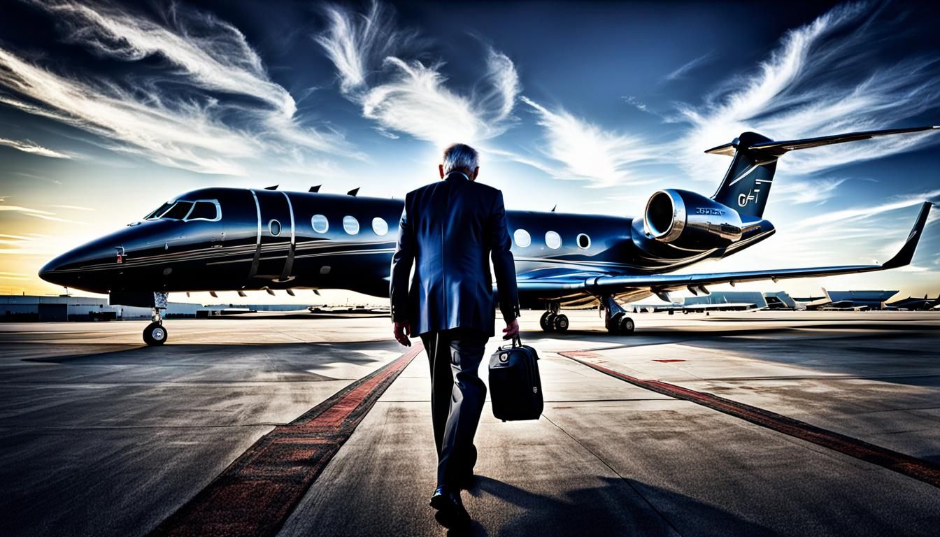 Elderly Businessman Steps onto Gulfstream Jet: Hyperrealisti...