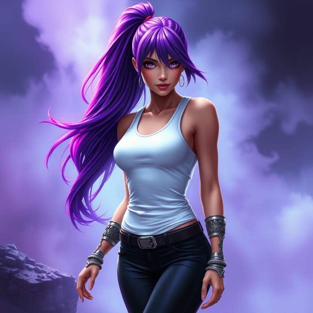 Beautiful Woman with Purple Ponytail in Ethereal Fantasy
