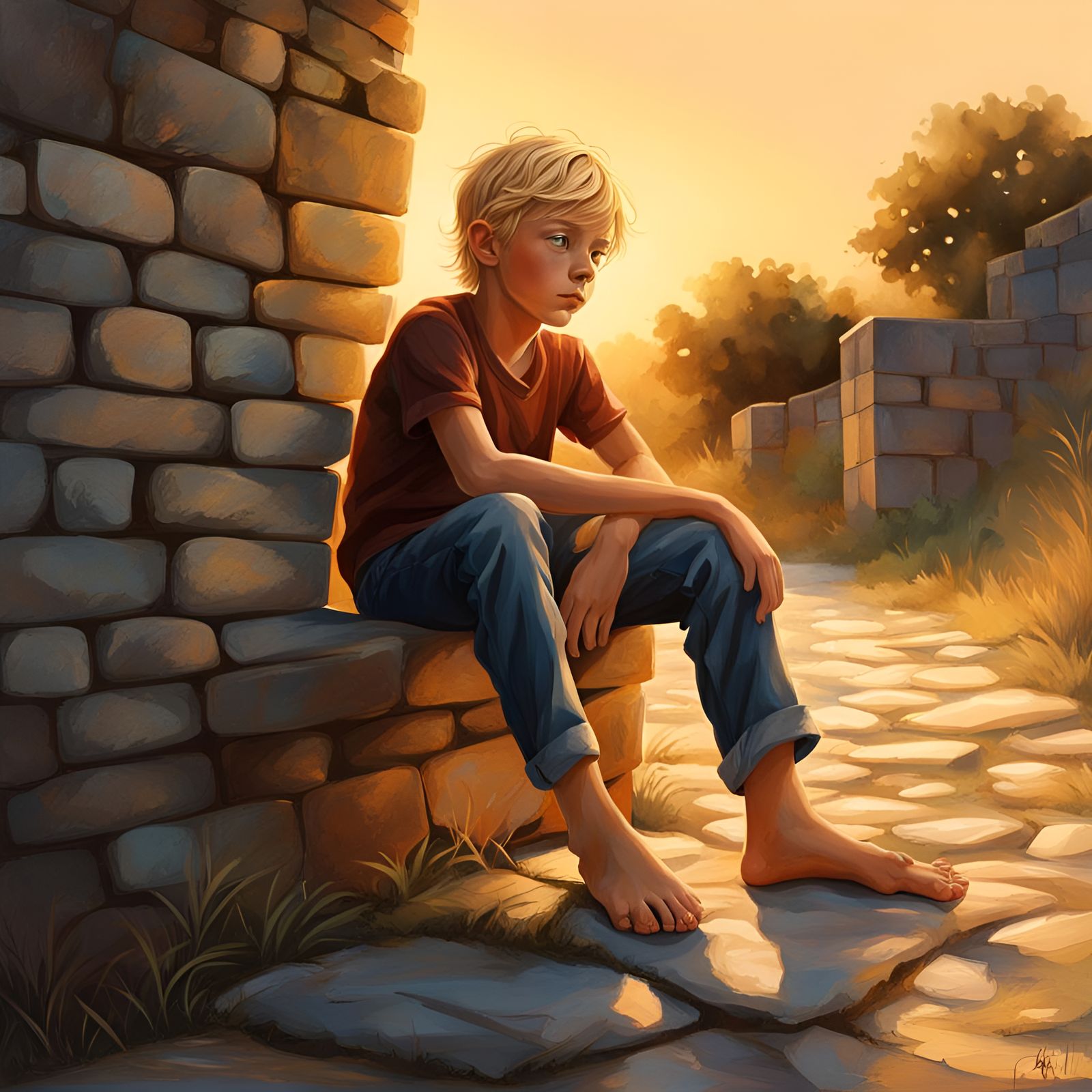 Blonde Boy on Stone Wall in Golden Hour