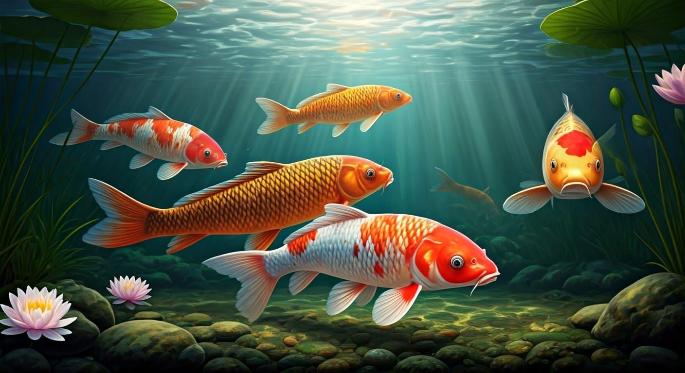 Vibrant Koi Carp Swimming in Unison, Detailed Underwater Sce...