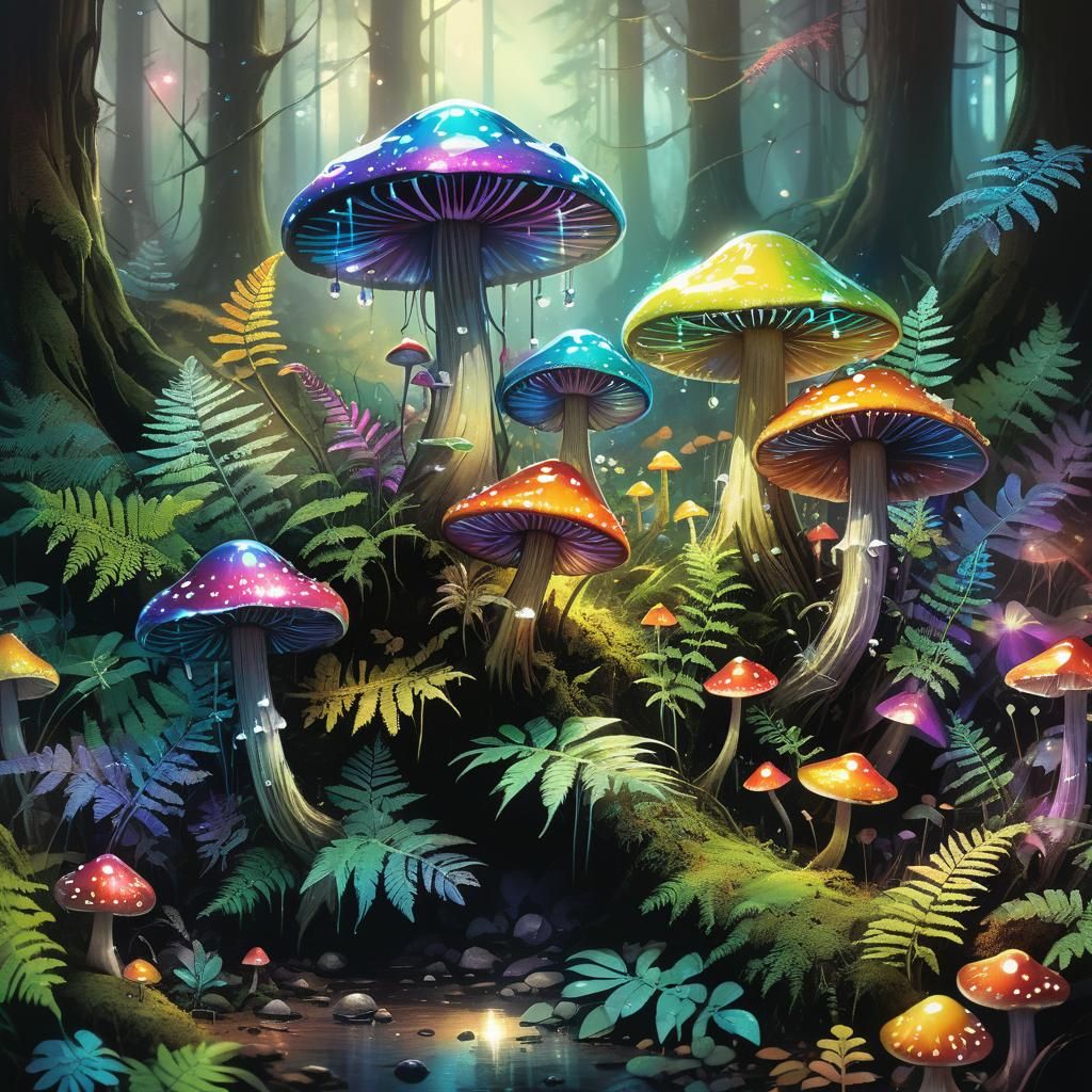 Rainbow Crystal Mushrooms in Glowing Forest
