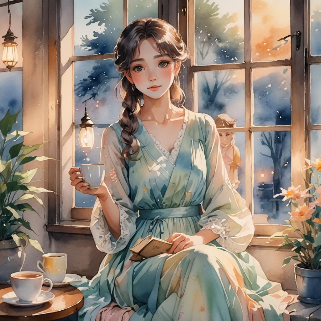 Watercolor Anime Reunion at a Cozy Cafe