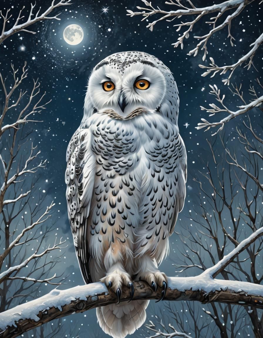 Snow Owl in Moonlit Winter Wonderland