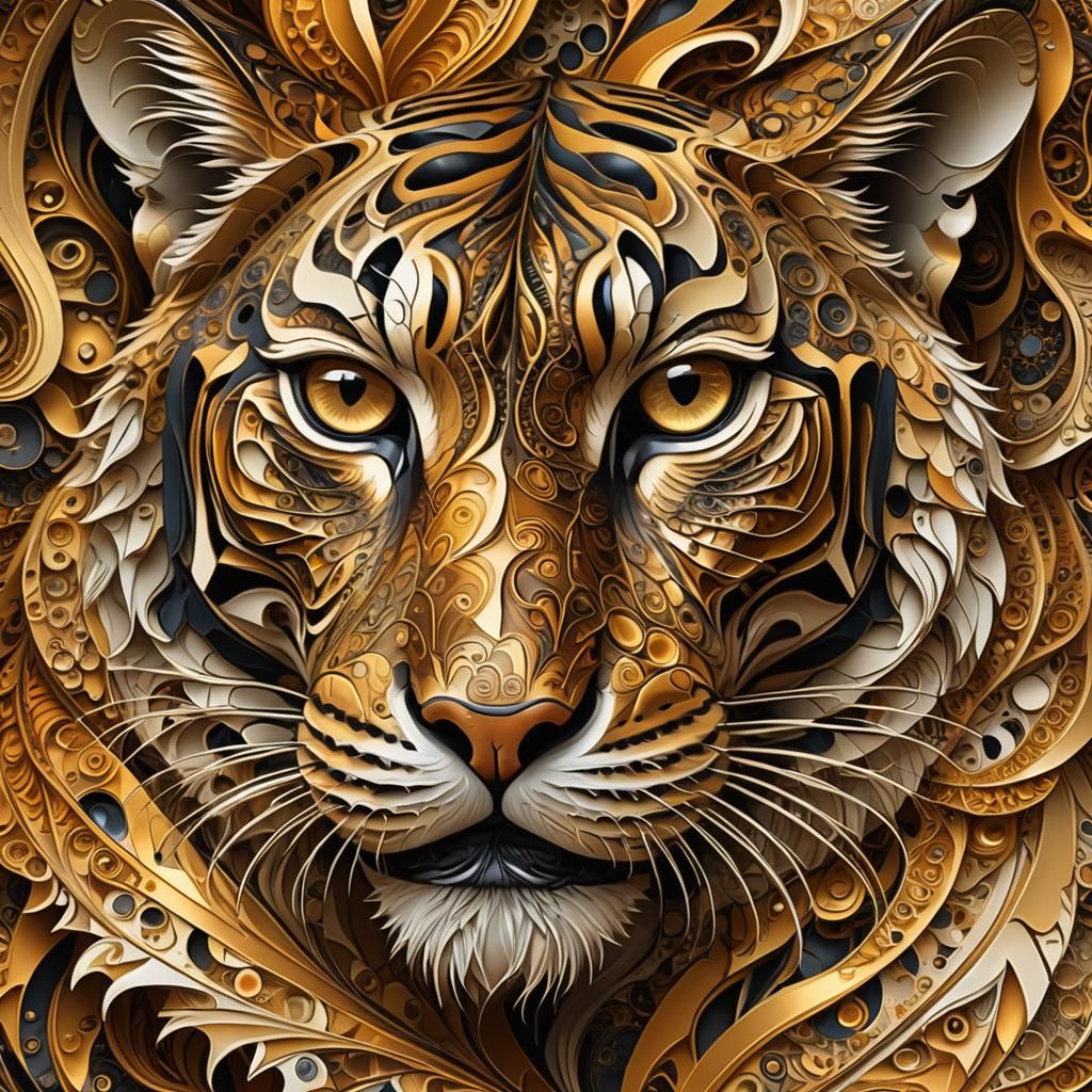 Cat-Shaped Tiger's Eye with Fractal Zentangle Patterns