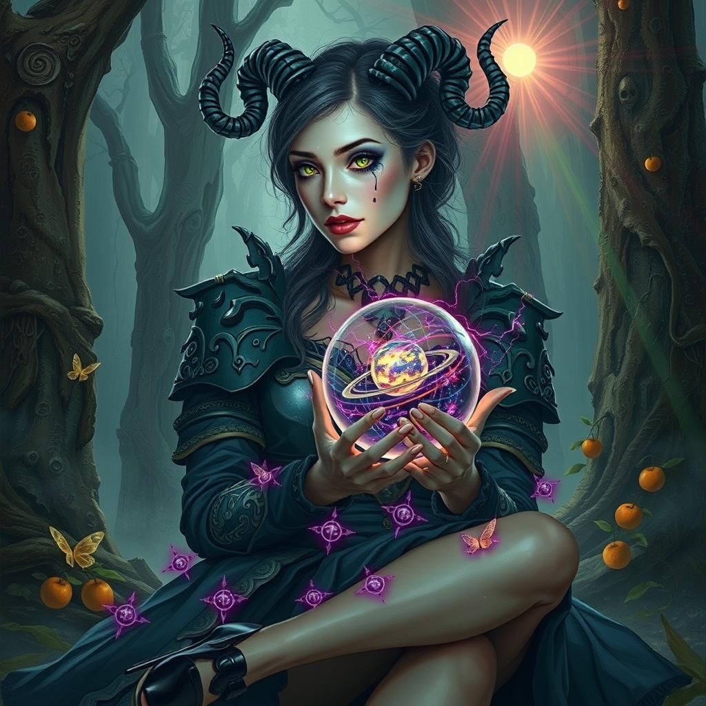 Gothic Beauty with Magic Orb and Jupiter Tattoo