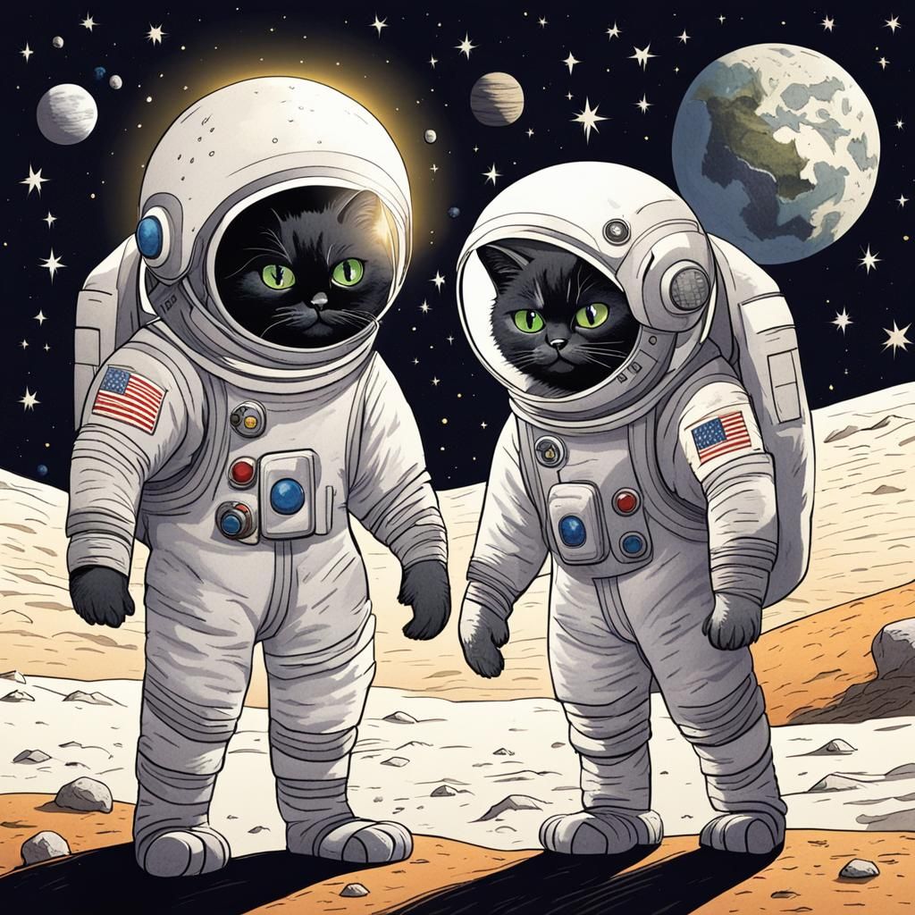 Cats in Spacesuits on the Moon: Children's Illustration