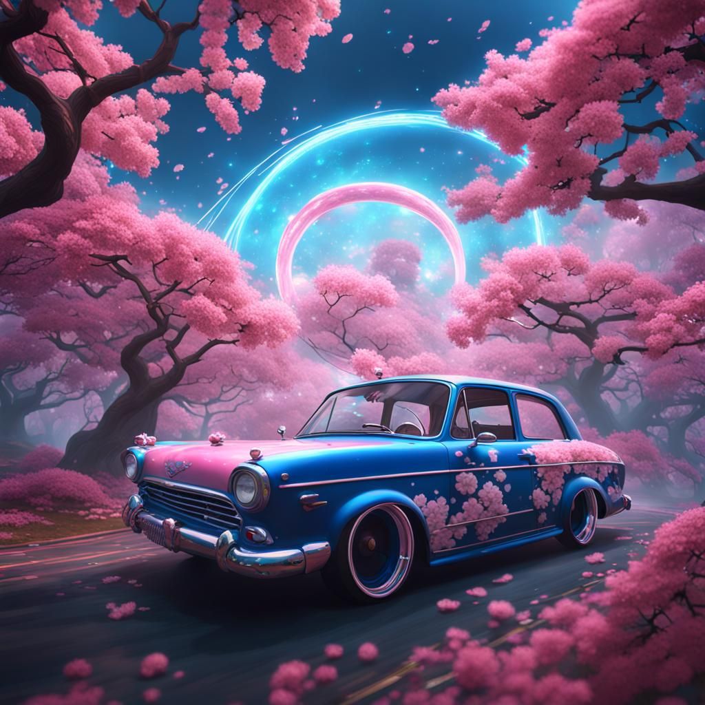 Cherry Blossom Car Drifting: Detailed Matte Painting
