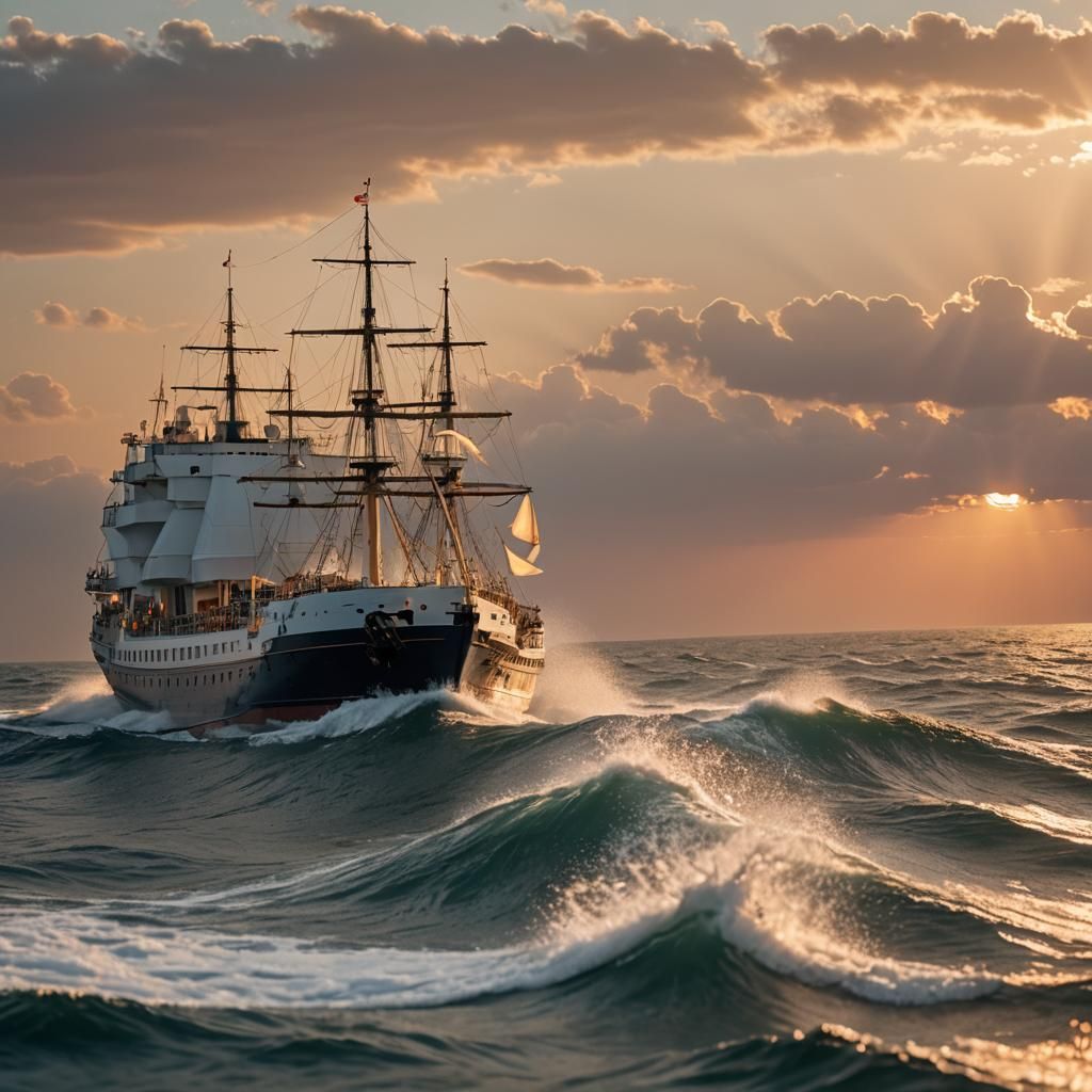Majestic Ship Sails into Setting Sun: Nautical Photography