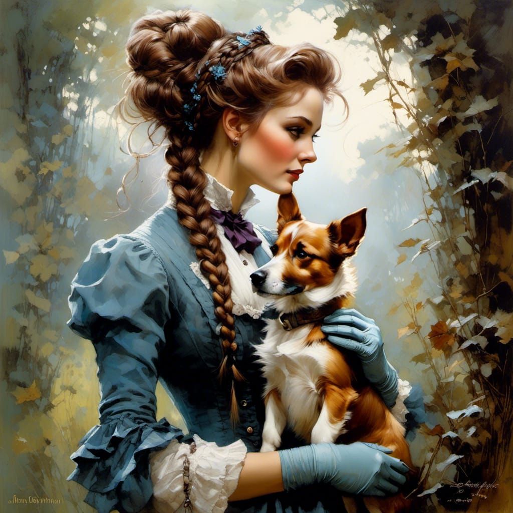 Victorian Woman and Dog, Fantasy Art Style