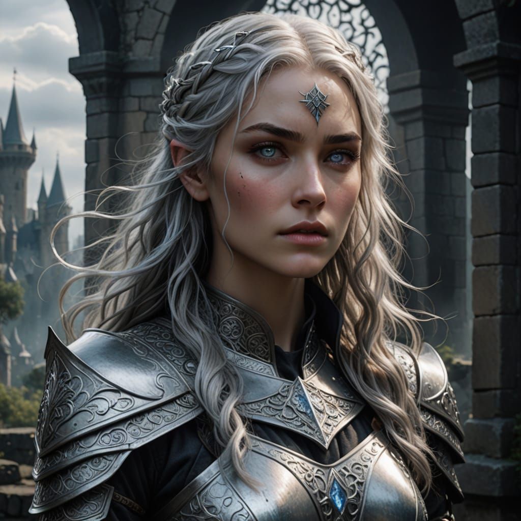 A stunning, silver-haired young warrior princess with noble, wavy locks and piercing ice-blue eyes, expressive and cool,...