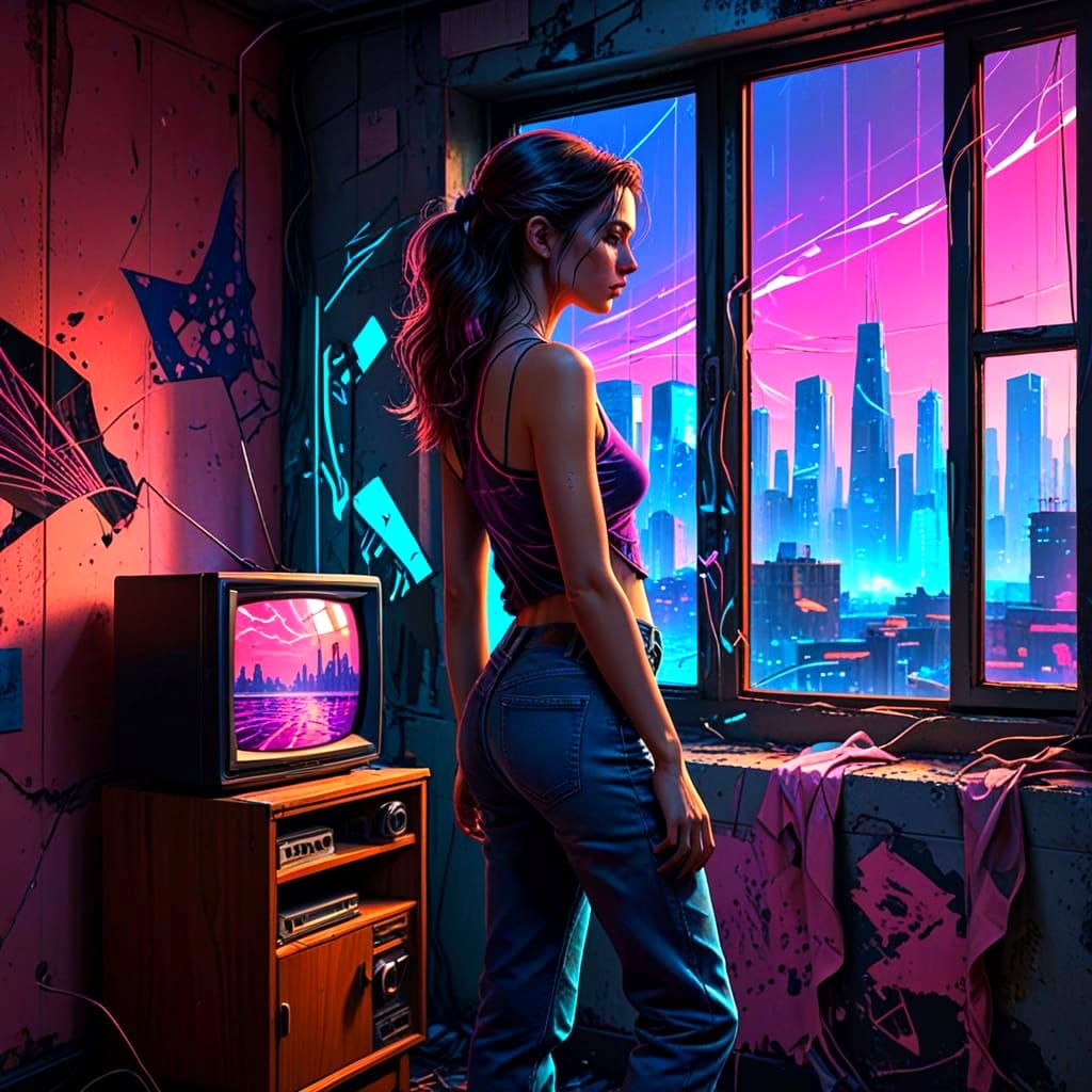 Lost in Thought, Amidst a Retro-Futuristic Cityscape