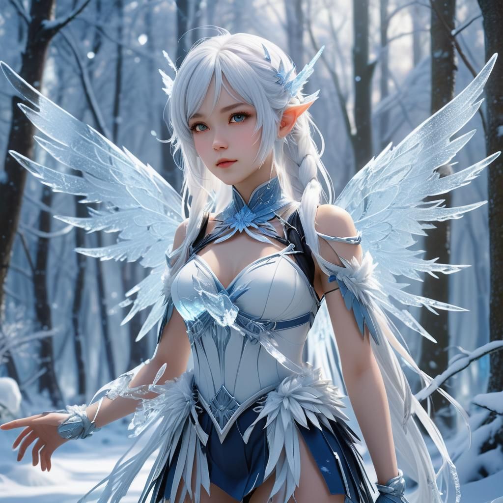 Icy Winter Goddess in Snow Forest: Anime Art