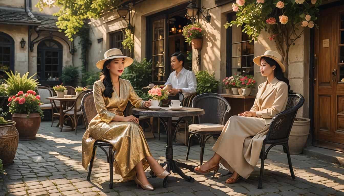 Asian Woman Sipping Coffee in French Countryside at Golden H...