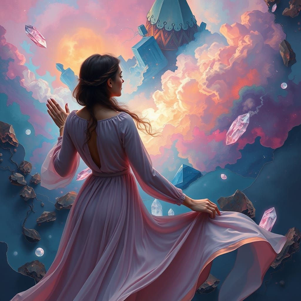 Mystical Painting with Glowing Crystals in Dreamy Style