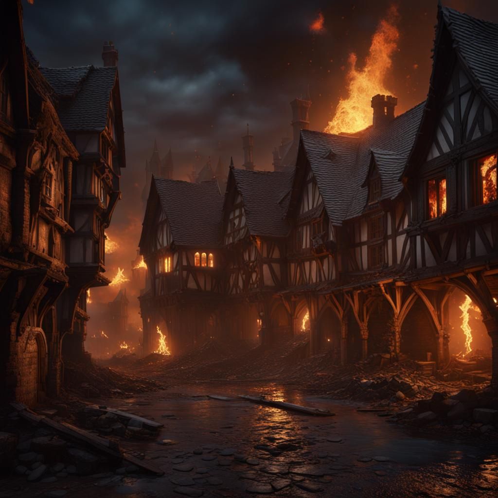 Medieval Village Ravaged by Fire: Fantasy Concept Art