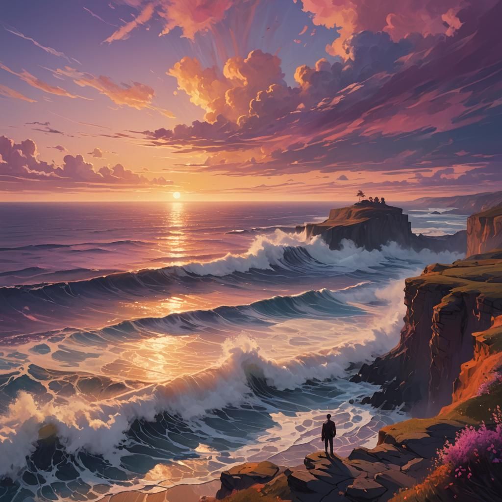 Ethereal Sunset Ocean View in Digital Art Style