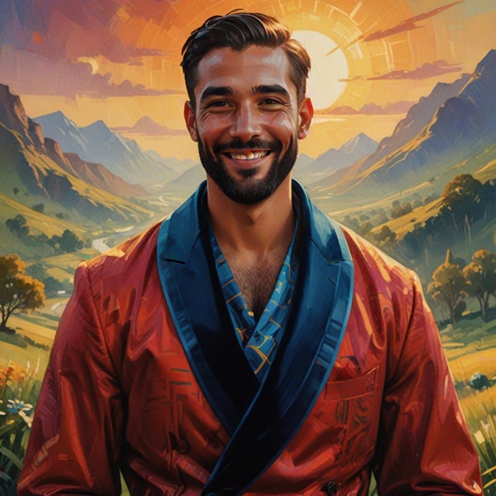 Smiling Man in Blue Velvet Suit: Oil Painting Portrait