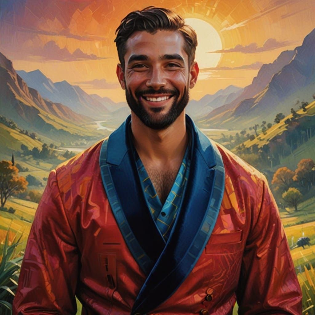 Smiling Man in Blue Velvet Suit: Oil Painting Portrait