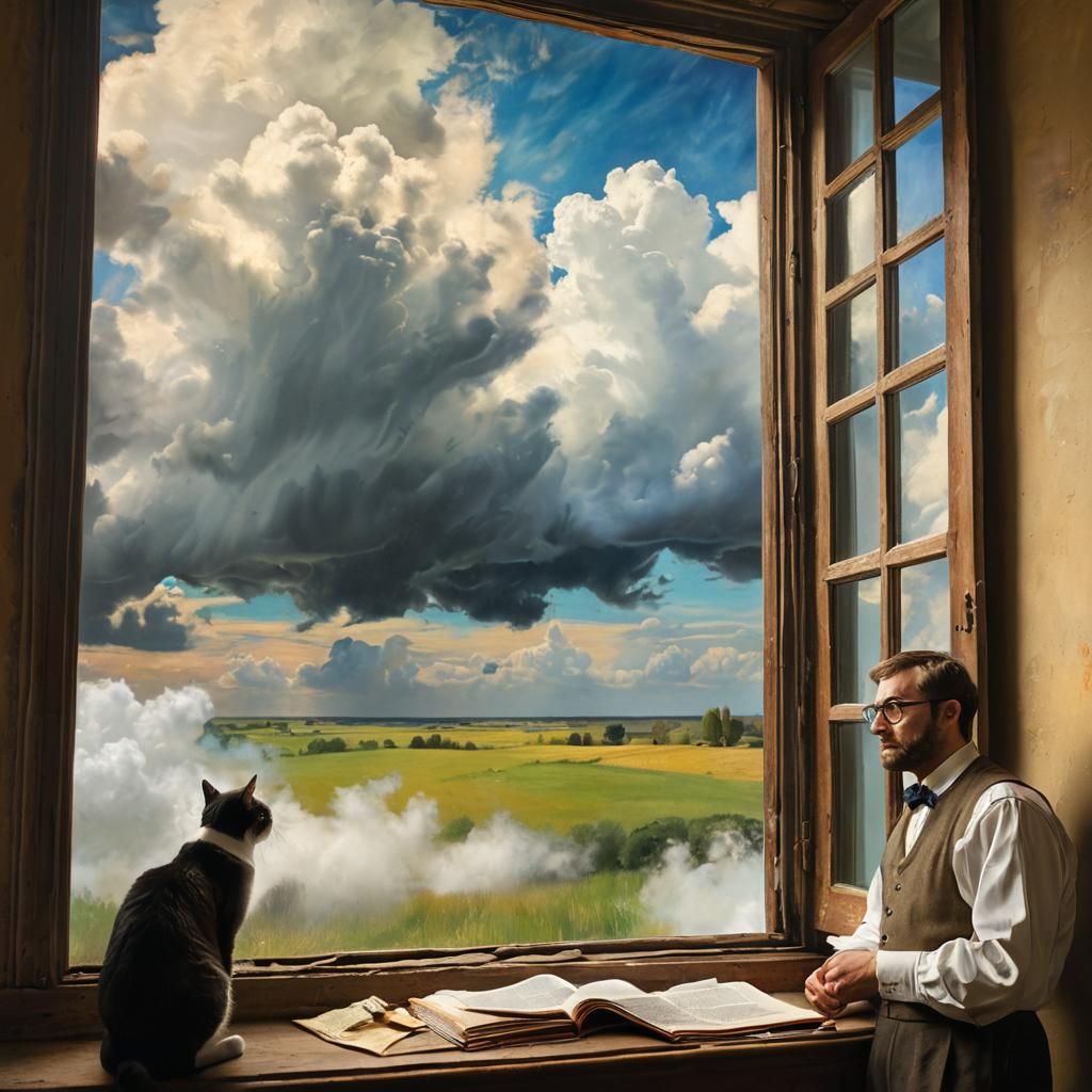 Surreal Impressionist View with Man, Cats, and Clouds