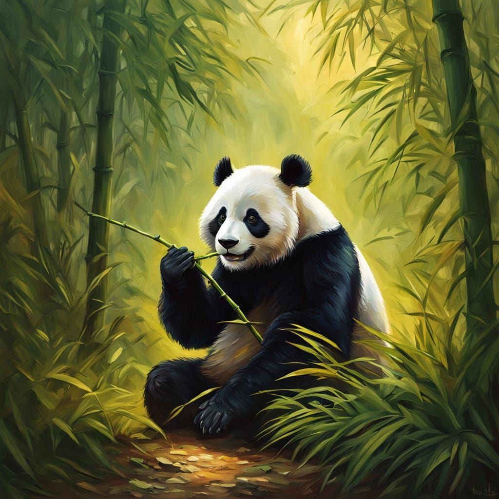 Impressionist Oil Painting of a Panda in a Misty Forest