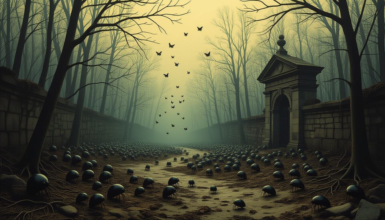 Eerie Garden Overrun by Vermin in Dark Forest
