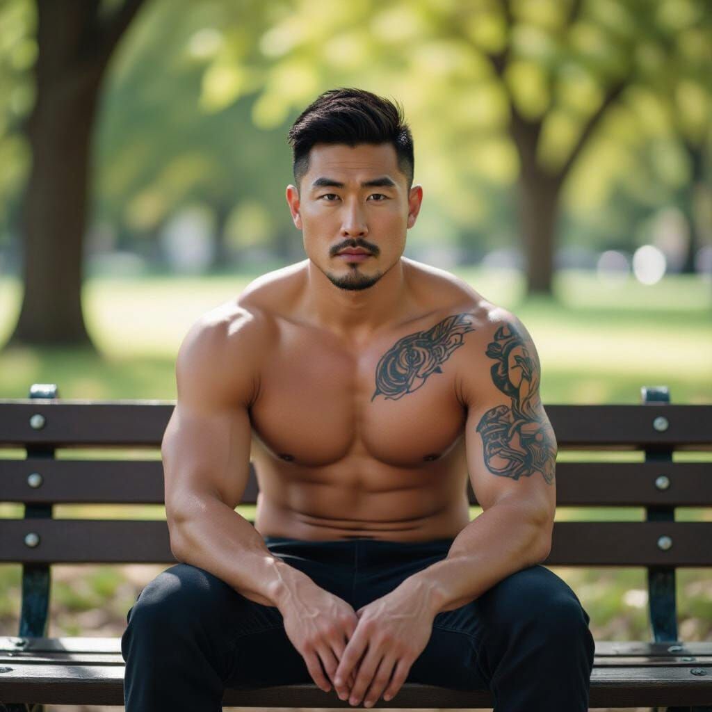 Tattooed Asian Man on Park Bench Cinematic Film Still