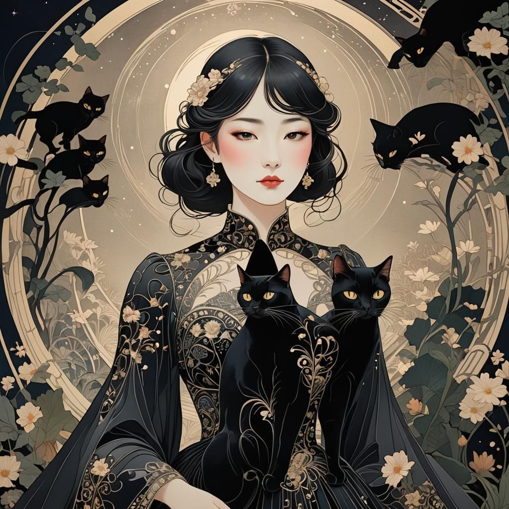 Elegant Girl and Black Cat in Art Nouveau Style