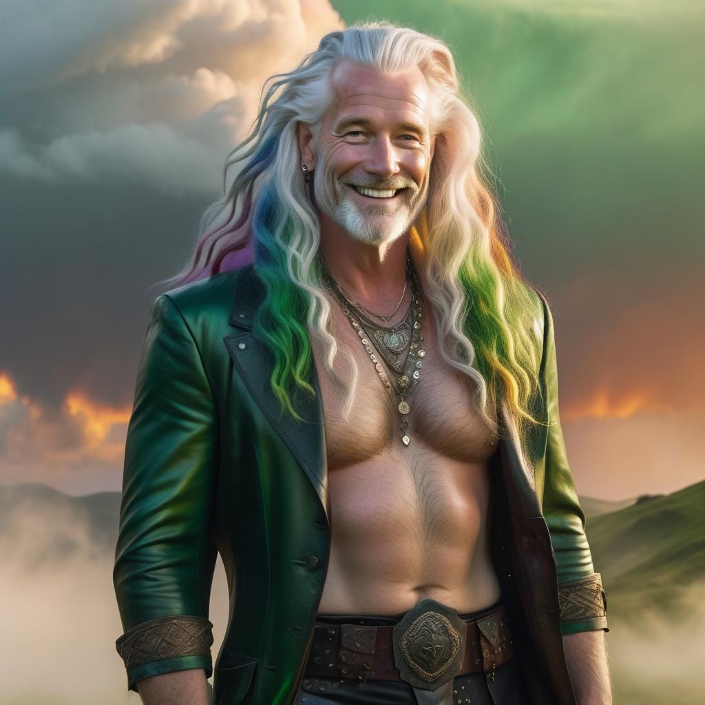 Rainbow Haired Man Smiling in Green Hills