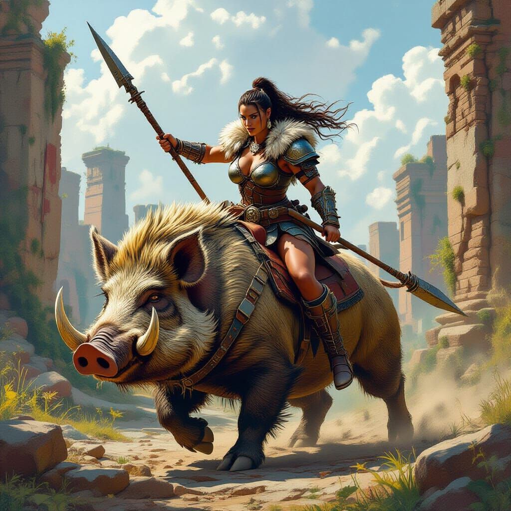 Barbarian on Mutated Boar in Ruined Cityscape