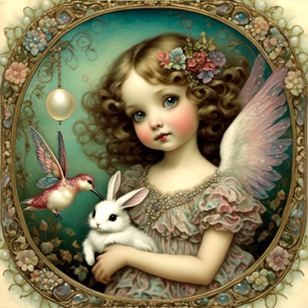 Iridescent Fairy with Hummingbird in Art Nouveau Style