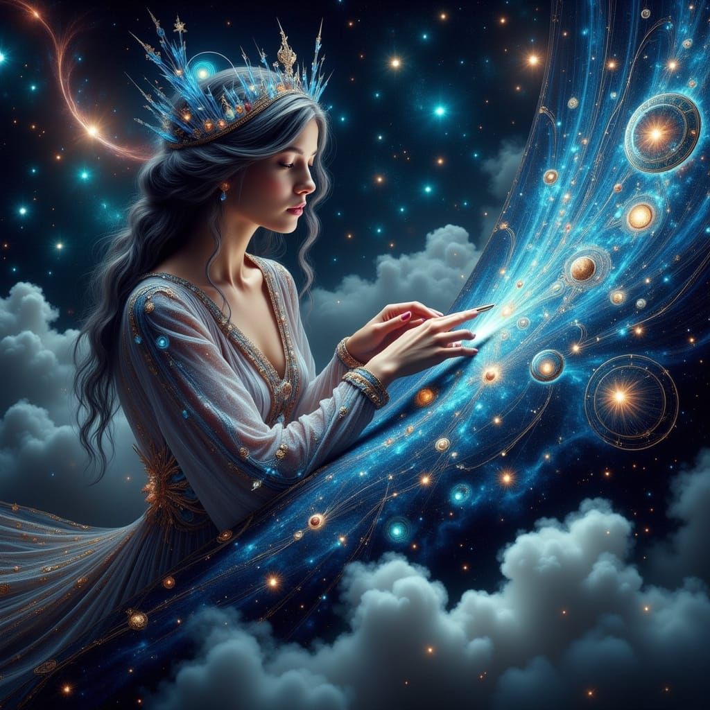 Celestial Seamstress Stitching Constellations: Art Nouveau S...