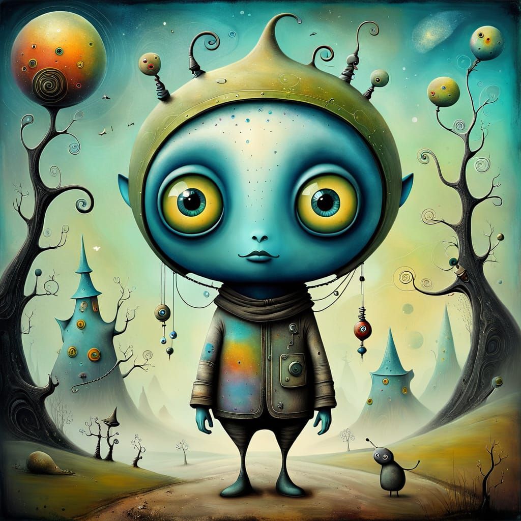 Surreal Wanderer with Large Eyes in Sci-Fi Style