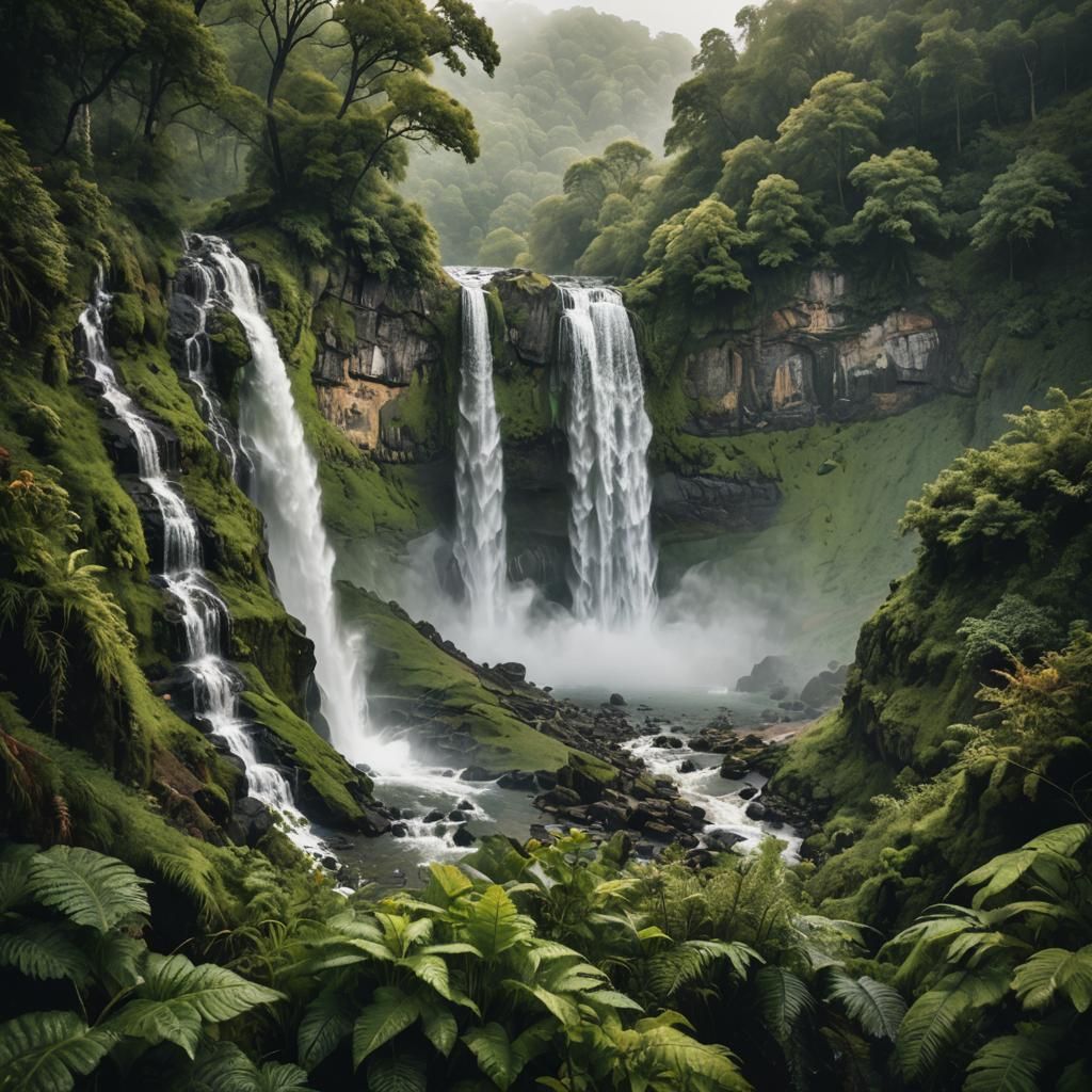 Lush Waterfall Cascade in Hyperrealistic Detail