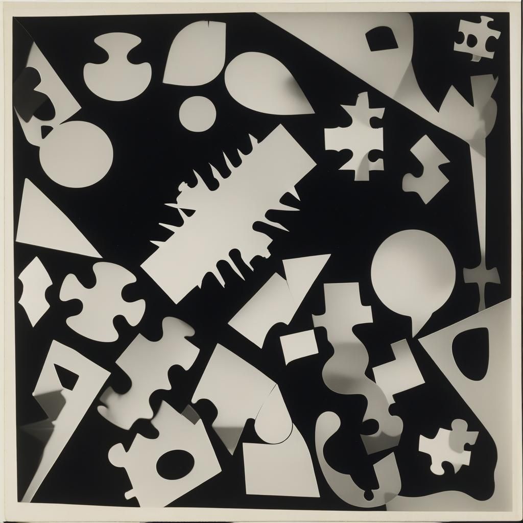 Rayograph of puzzle pieces, Photogram of puzzle pieces by Man Ray , numbers, puzzle, MC Escher