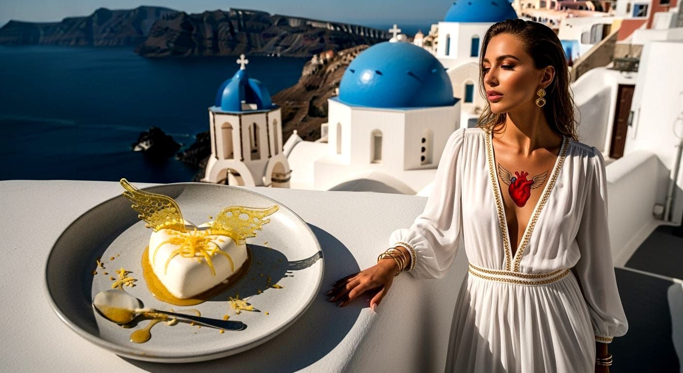 Woman in White Dress Overlooking Santorini Sea