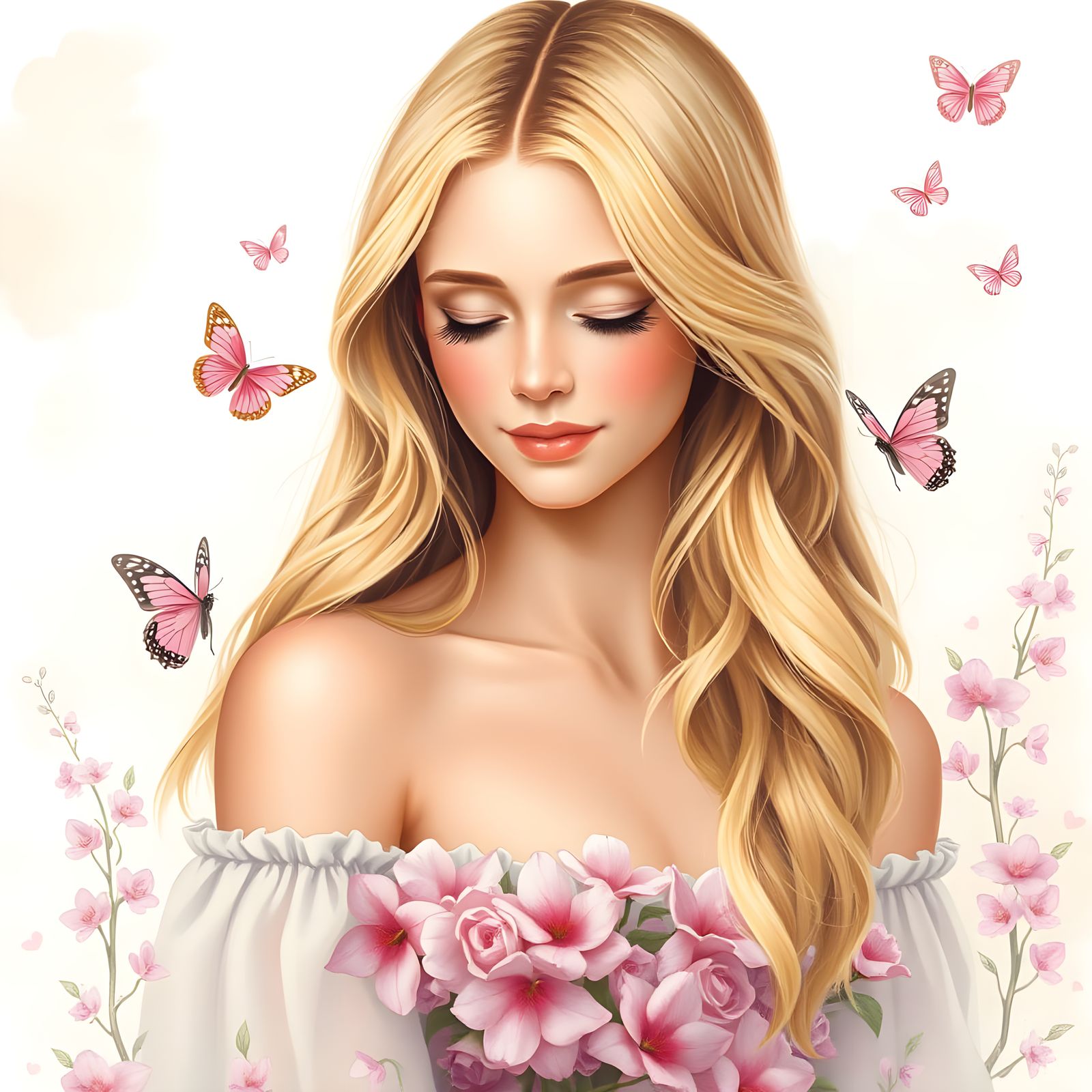 Ethereal Portrait of Woman with Flowers and Butterflies