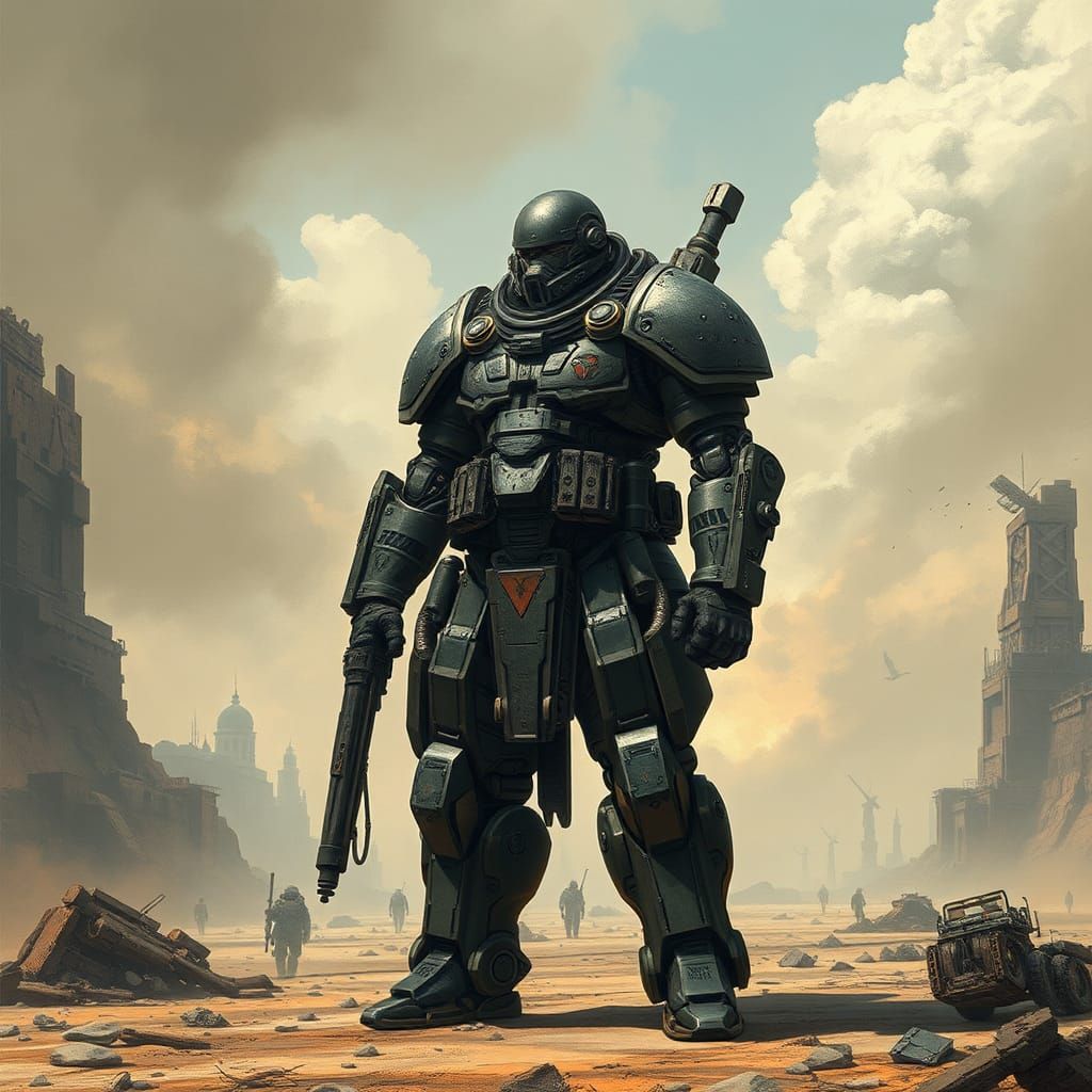 Armored Warrior in Post-Apocalyptic Wasteland