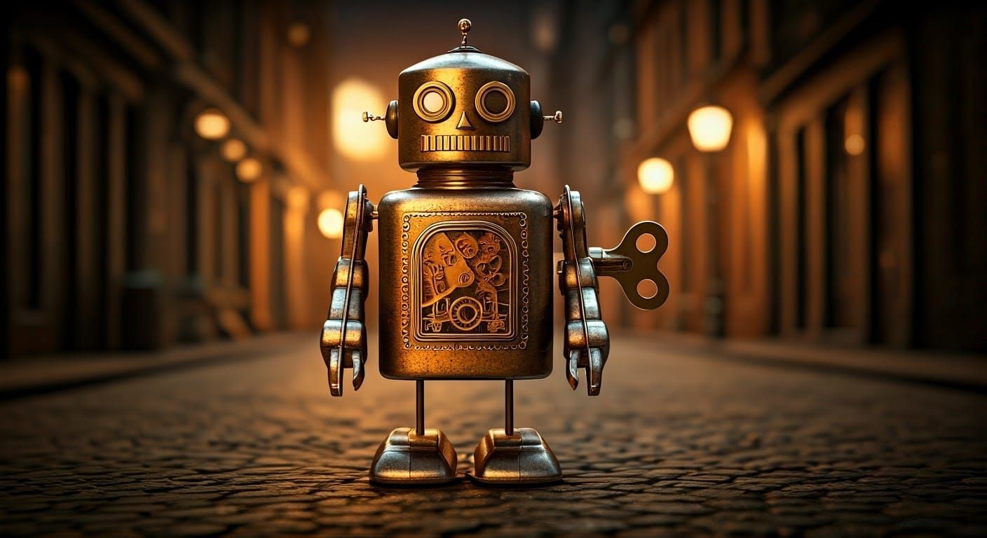 Steampunk Wind-Up Robot in Victorian Street Scene
